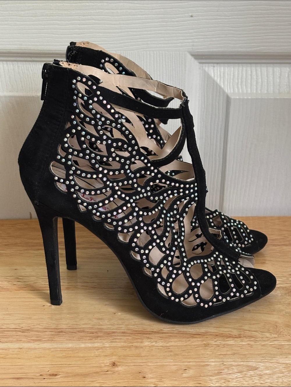 Black High Heel Cage Cutout Sandals Rhinestone Accents party cocktail Size 8